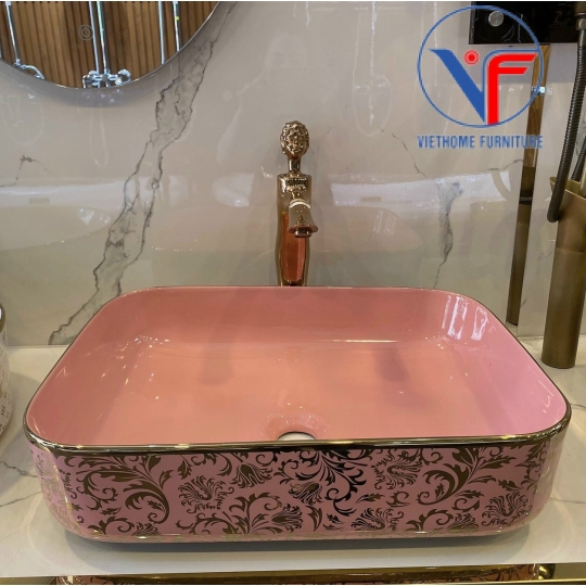 LAVABO - CHẬU RỬA MẶT ĐẶT BÀN MÀU HỒNG HOA VĂN VÀNG