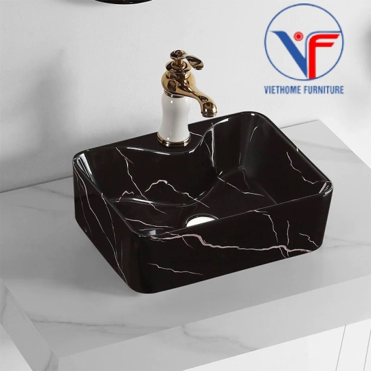 LAVABO - CHẬU RỬA MẶT ĐẶT BÀN VUÔNG ĐEN CÓ VÂN