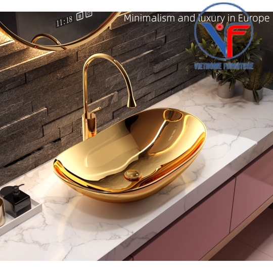 LAVABO - CHẬU RỬA MẶT ĐẶT BÀN HÌNH THỎI VÀNG BÓNG