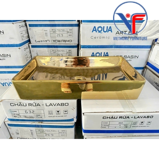 LAVABO - CHẬU RỬA MẶT ĐẶT BÀN CHỮ NHẬT VÀNG BÓNG