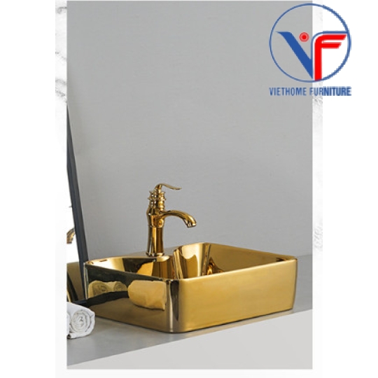LAVABO - CHẬU RỬA MẶT ĐẶT BÀN VUÔNG VÀNG BÓNG