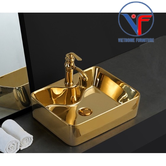 LAVABO - CHẬU RỬA MẶT ĐẶT BÀN VUÔNG VÀNG BÓNG