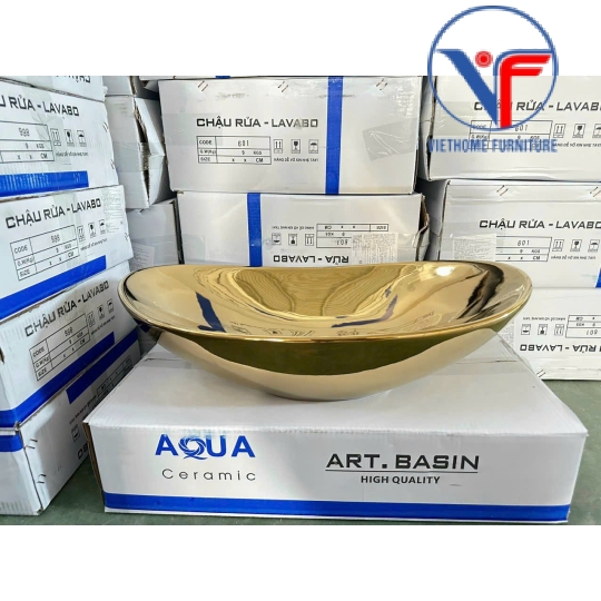 LAVABO - CHẬU RỬA MẶT ĐẶT BÀN HÌNH THỎI VÀNG BÓNG