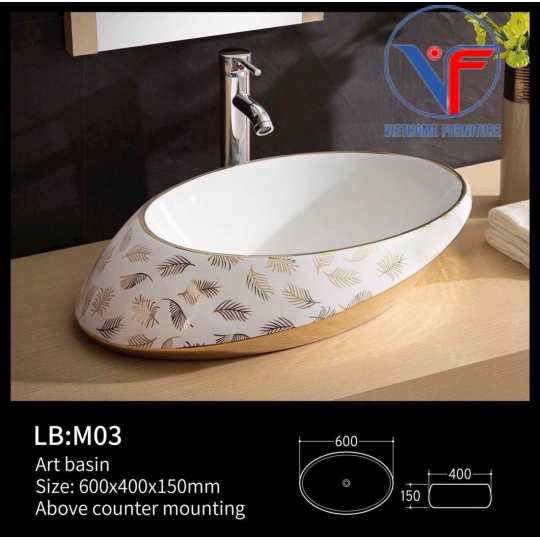 Lavabo oval dài họa tiết lá cọ màu vàng bóng