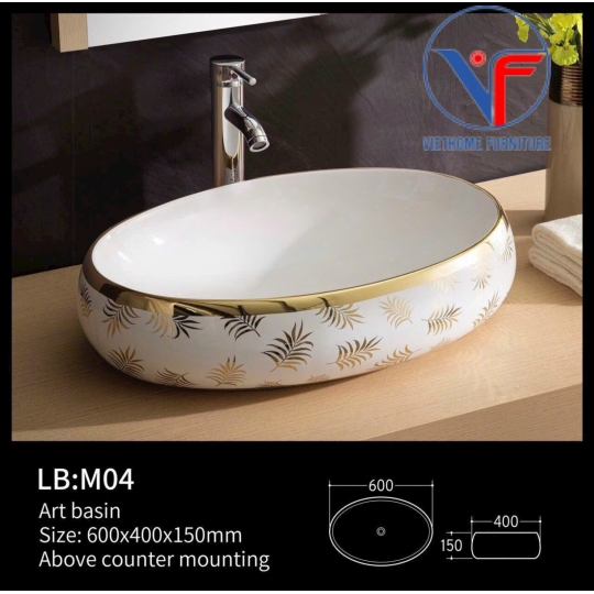 Lavabo hình oval họa tiết lá cọ màu vàng bóng