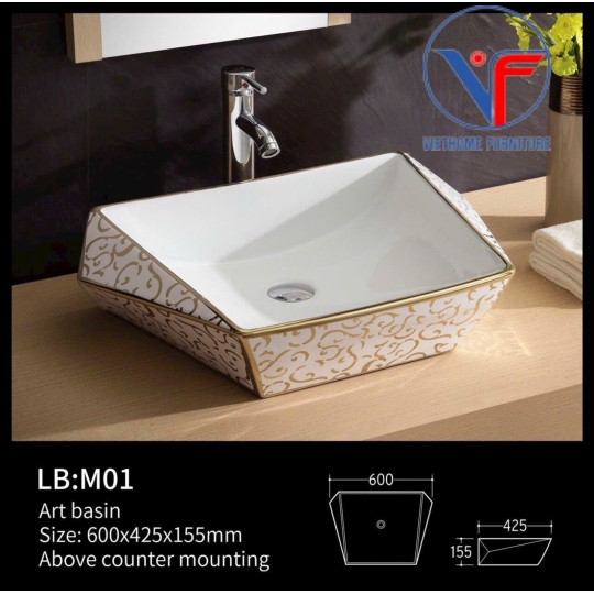 Lavabo hình lục giác họa tiết hoa vàng