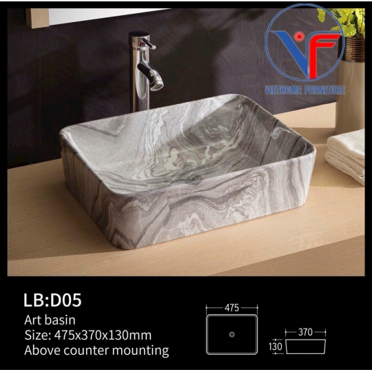 Lavabo đặt bàn hình chữ nhật vân đá màu xám trắng