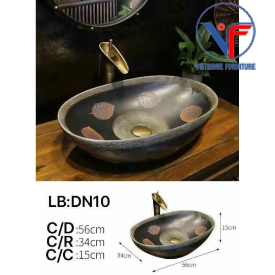 Lavabo oval màu đen họa tiết lá đỏ