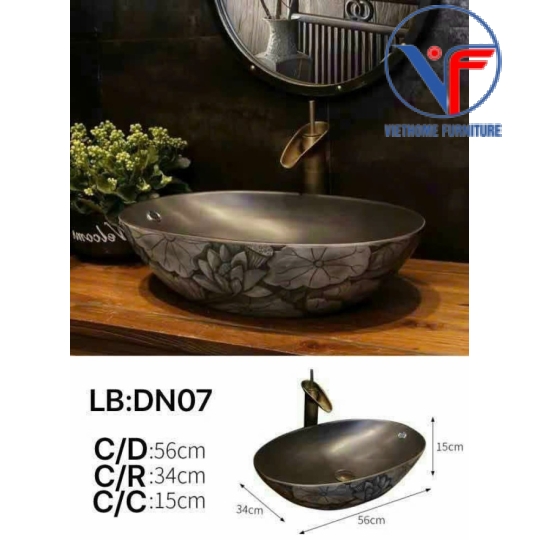 Lavabo oval màu đen họa tiết hoa sen