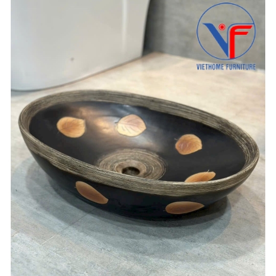 Lavabo oval màu đen họa tiết lá đỏ