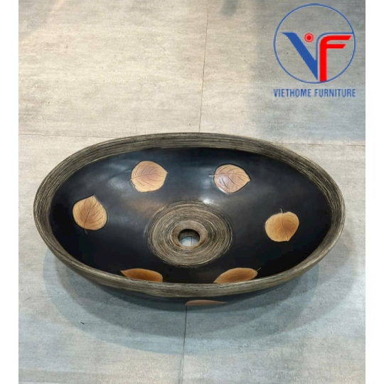 Lavabo oval màu đen họa tiết lá đỏ