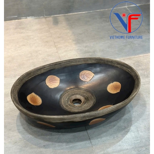 Lavabo oval màu đen họa tiết lá đỏ