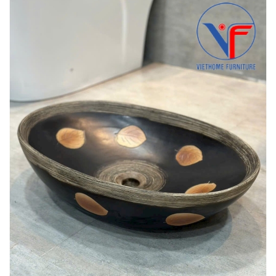 Lavabo oval màu đen họa tiết lá đỏ