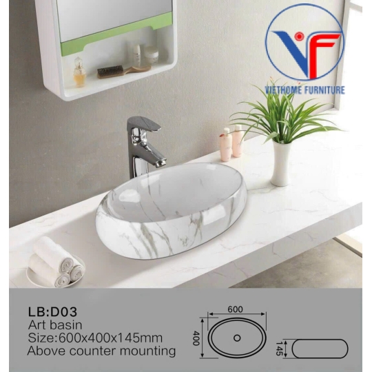 Lavabo oval màu trắng vân mây