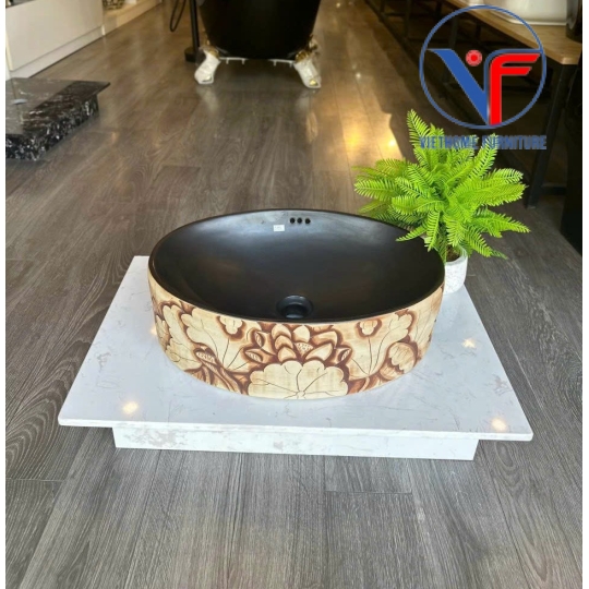 Lavabo oval giả cổmàu đất nung đỏ hoa trắng