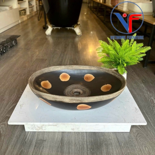 Lavabo oval màu đen họa tiết lá đỏ