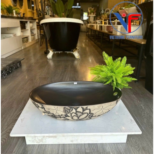 Lavabo oval màu đen họa tiết hoa sen