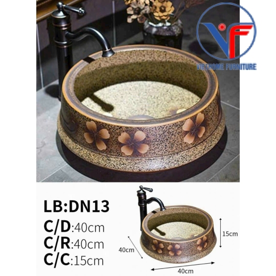 Lavabo tròn giả cổ màu đất nung hoa đỏ