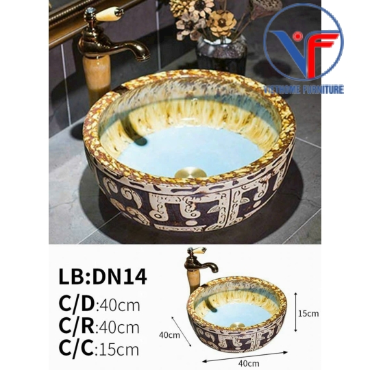 Lavabo tròn giả cổ màu đất nung họa tiết trắng