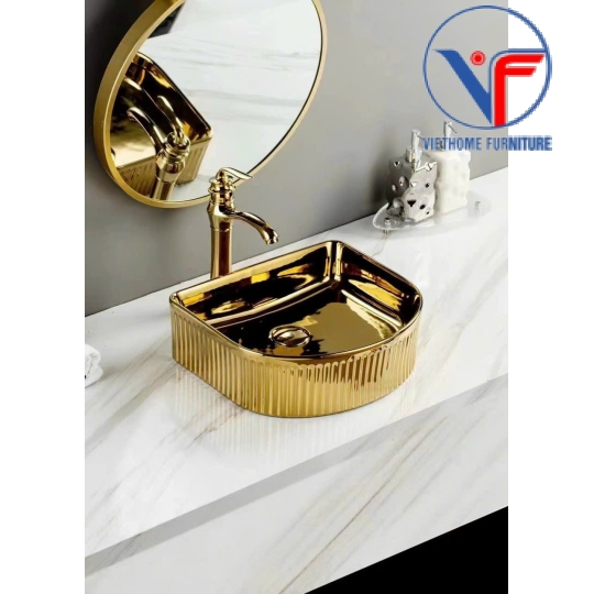 Lavabo đặt bàn nghệ thuật màu vàng bóng hình cung
