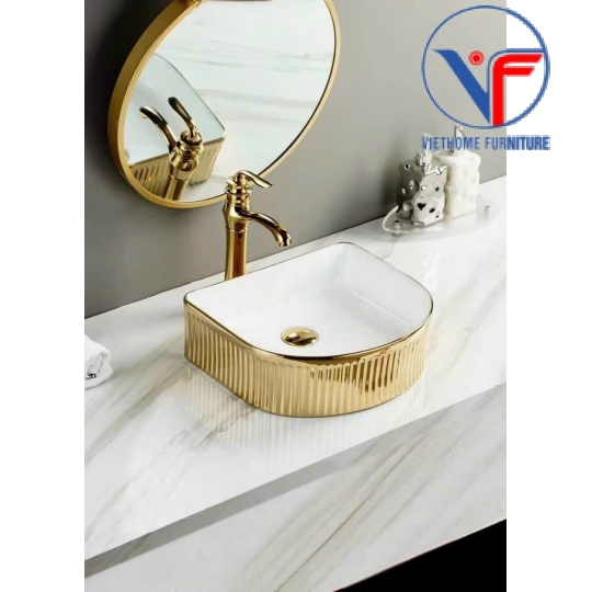 Lavabo đặt bàn nghệ thuật mạ vàng bóng hình cung