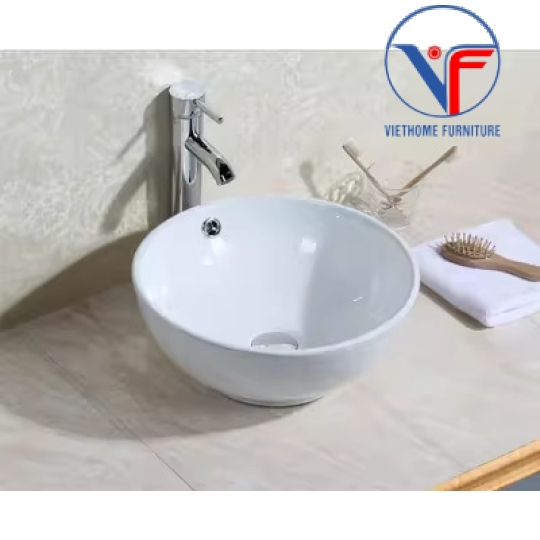 Lavabo đặt bàn màu trắng hình tròn có xả tràn