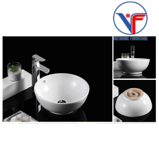 Lavabo đặt bàn màu trắng hình tròn có xả tràn