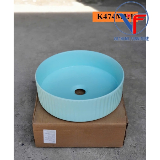 Lavabo đặt bàn nghệ thuật màu xanh hình tròn
