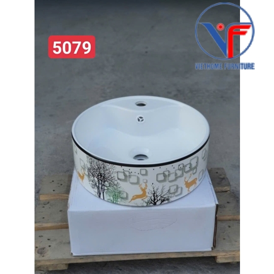 Bồn Lavabo Rửa Mặt Đặt Bàn Sứ  Họa Tiết hươu vàng cây xanh