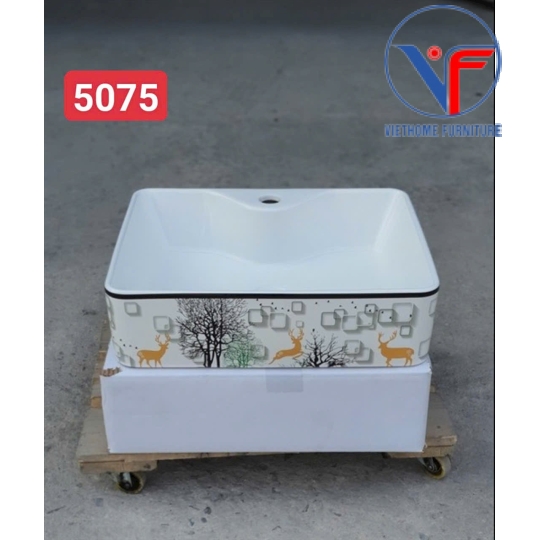 Bồn Lavabo Rửa Mặt Đặt Bàn Sứ  Hình Vuông Họa Tiết hươu vàng cây xanh