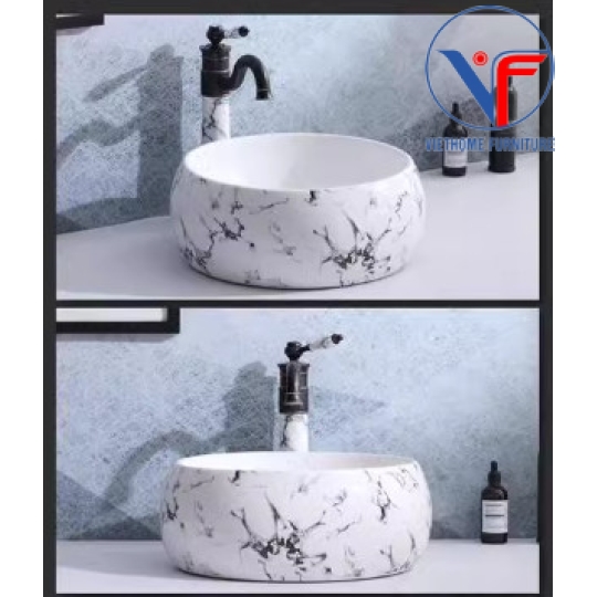 Chậu lavabo dương bàn vân đá trắng đen