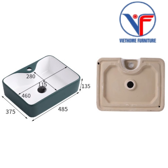 Lavabo Rửa Mặt Đặt Bàn Sứ Chữ Nhật Xanh Ngọc Bích