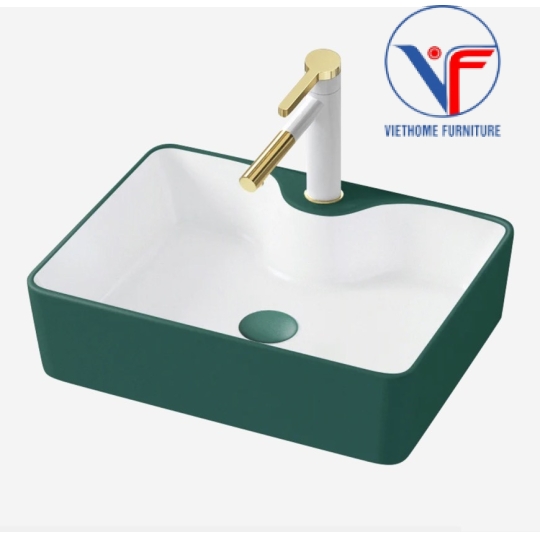 Lavabo Rửa Mặt Đặt Bàn Sứ Chữ Nhật Xanh Ngọc Bích