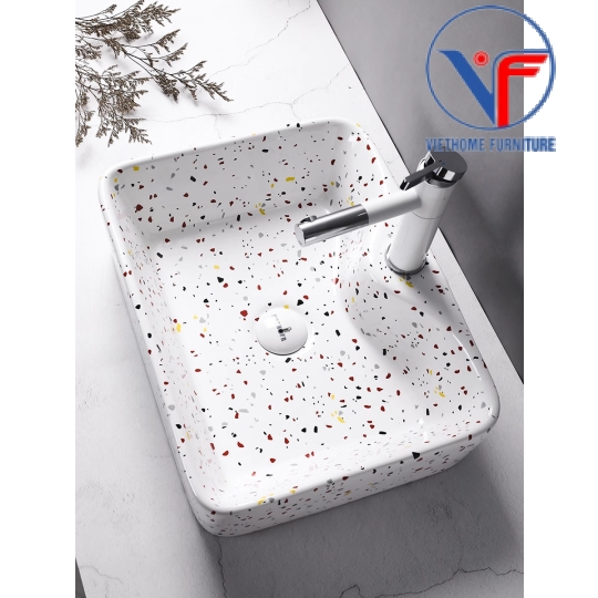 Bồn Lavabo Rửa Mặt Đặt Bàn Sứ Chữ Nhật Họa Tiết Đốm Vân Đá