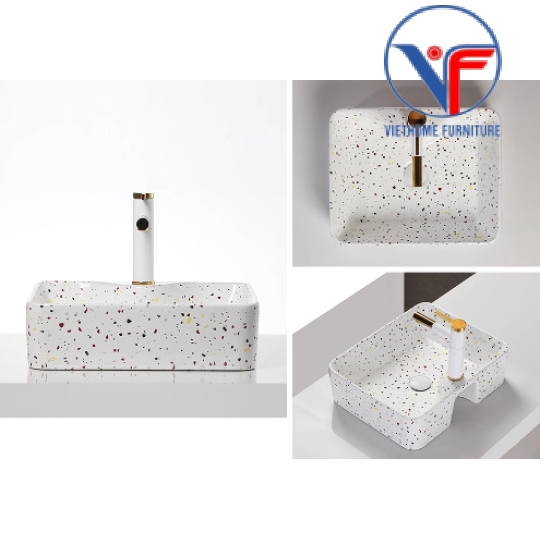 Bồn Lavabo Rửa Mặt Đặt Bàn Sứ Chữ Nhật Họa Tiết Đốm Vân Đá