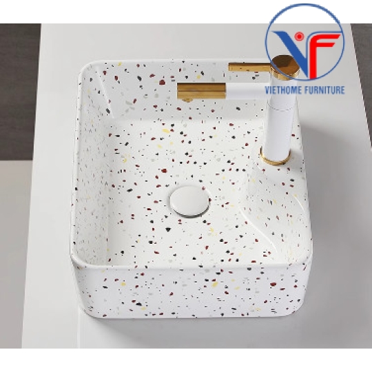 Bồn Lavabo Rửa Mặt Đặt Bàn Sứ Chữ Nhật Họa Tiết Đốm Vân Đá