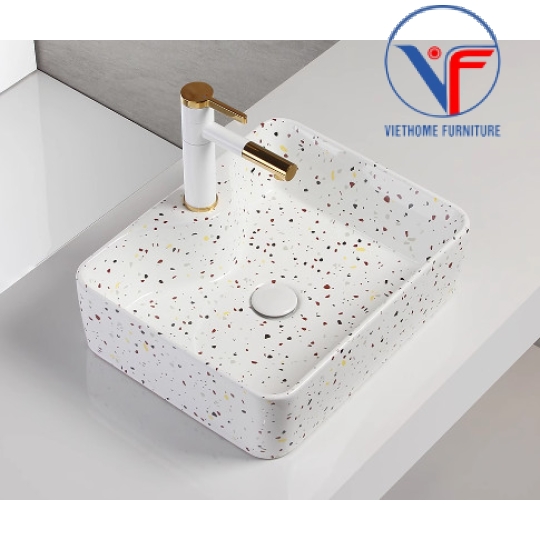 Bồn Lavabo Rửa Mặt Đặt Bàn Sứ Chữ Nhật Họa Tiết Đốm Vân Đá