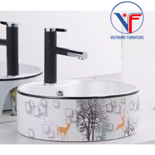 Bồn Lavabo Rửa Mặt Đặt Bàn Sứ  Họa Tiết hươu vàng cây xanh