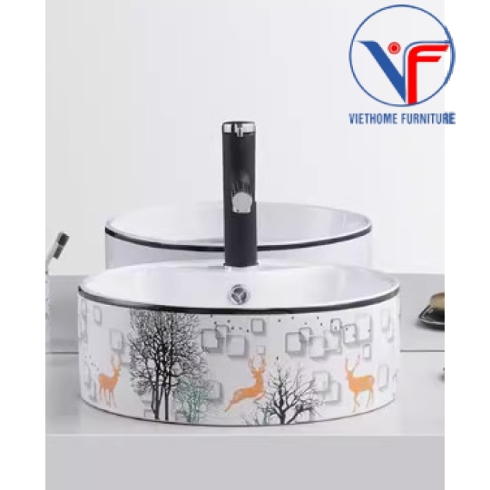 Bồn Lavabo Rửa Mặt Đặt Bàn Sứ  Họa Tiết hươu vàng cây xanh