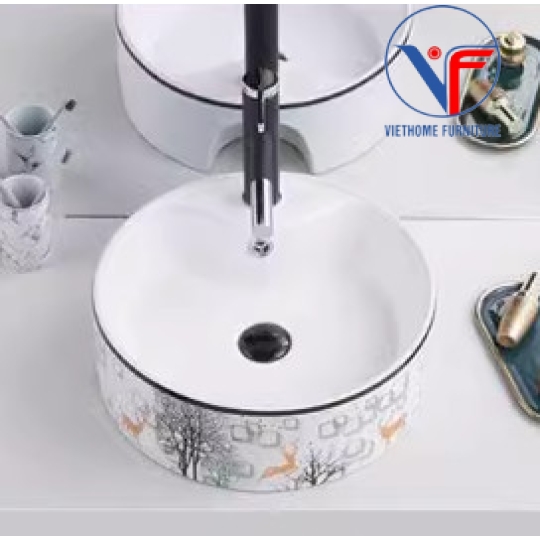 Bồn Lavabo Rửa Mặt Đặt Bàn Sứ  Họa Tiết hươu vàng cây xanh