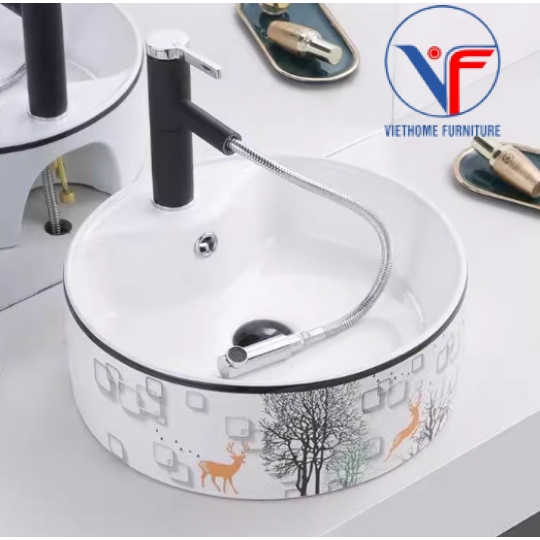 Bồn Lavabo Rửa Mặt Đặt Bàn Sứ  Họa Tiết hươu vàng cây xanh