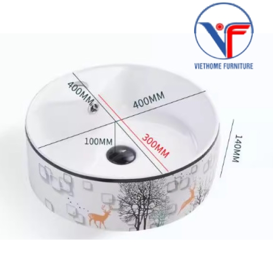 Bồn Lavabo Rửa Mặt Đặt Bàn Sứ  Họa Tiết hươu vàng cây xanh