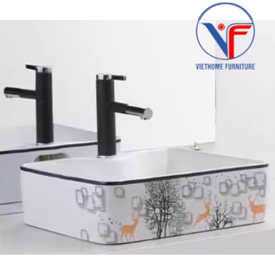 Bồn Lavabo Rửa Mặt Đặt Bàn Sứ  Hình Vuông Họa Tiết hươu vàng cây xanh
