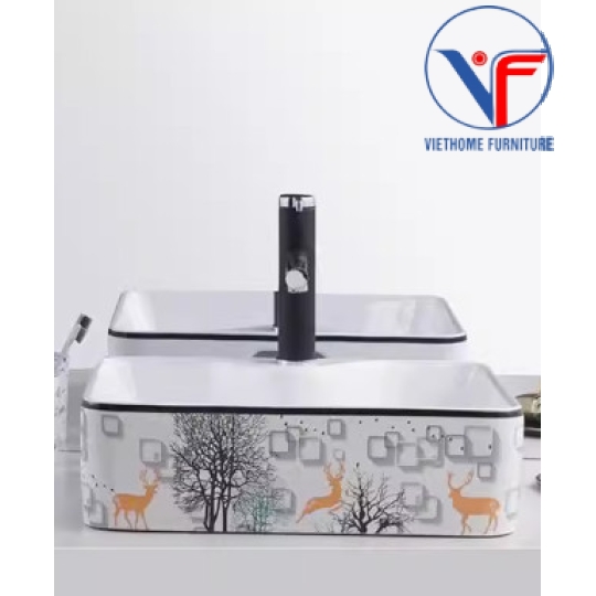 Bồn Lavabo Rửa Mặt Đặt Bàn Sứ  Hình Vuông Họa Tiết hươu vàng cây xanh