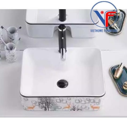 Bồn Lavabo Rửa Mặt Đặt Bàn Sứ  Hình Vuông Họa Tiết hươu vàng cây xanh