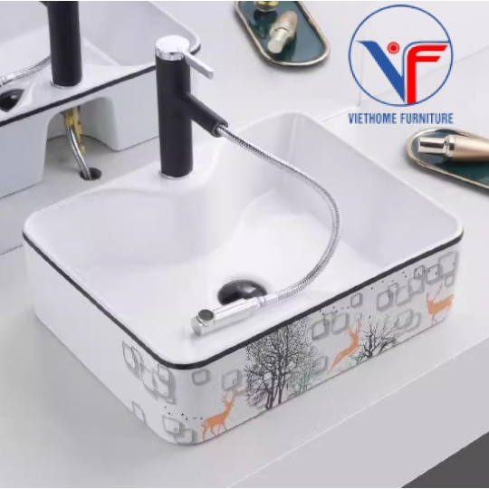 Bồn Lavabo Rửa Mặt Đặt Bàn Sứ  Hình Vuông Họa Tiết hươu vàng cây xanh