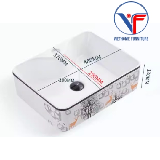 Bồn Lavabo Rửa Mặt Đặt Bàn Sứ  Hình Vuông Họa Tiết hươu vàng cây xanh