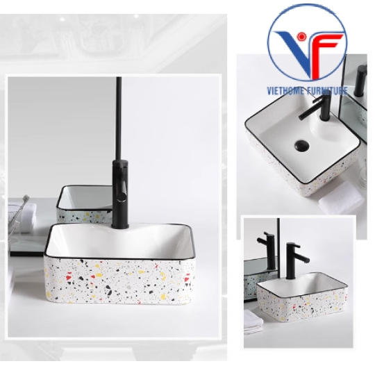 Bồn Lavabo Rửa Mặt Đặt Bàn Sứ Chữ Nhật Họa Tiết chấm bi nhiều màu
