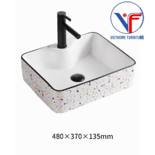 Bồn Lavabo Rửa Mặt Đặt Bàn Sứ Chữ Nhật Họa Tiết chấm bi nhiều màu