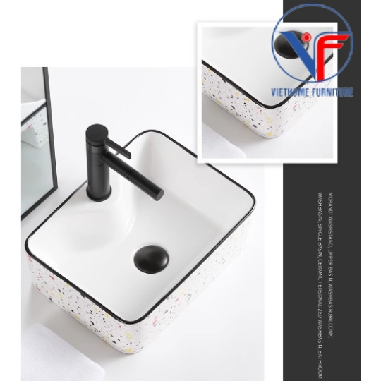 Bồn Lavabo Rửa Mặt Đặt Bàn Sứ Chữ Nhật Họa Tiết chấm bi nhiều màu